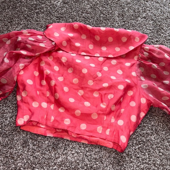 Vintage 60s Sears Puff Sleeve Pink White Polka Dot Sailor Collar Crop Blouse Top - Picture 5 of 7